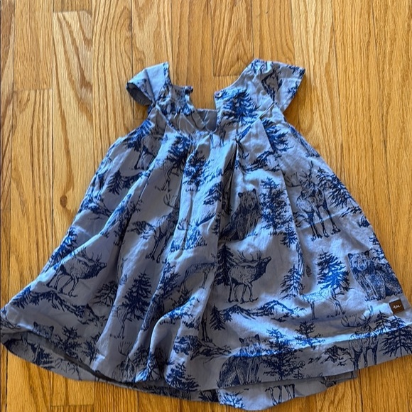 Tea Collection sz 18-24mo Blue in blue lined dress moose deer bear forest print - Picture 2 of 6